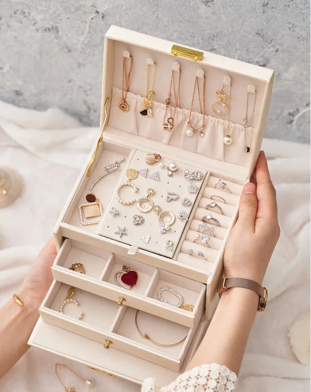 

High quality PU material jewelry organizer luggage box Earring Ring Necklace Storage Jewelry Packaging Box Travel Case, Cream / nude/ green / blue