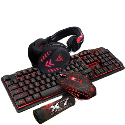 

Hot sale 4 in 1 Gaming Keyboard and Mouse Headphone combo for PC Gamer Wired RGB light strip LED Backlit mechanical keyboard Set, Shown