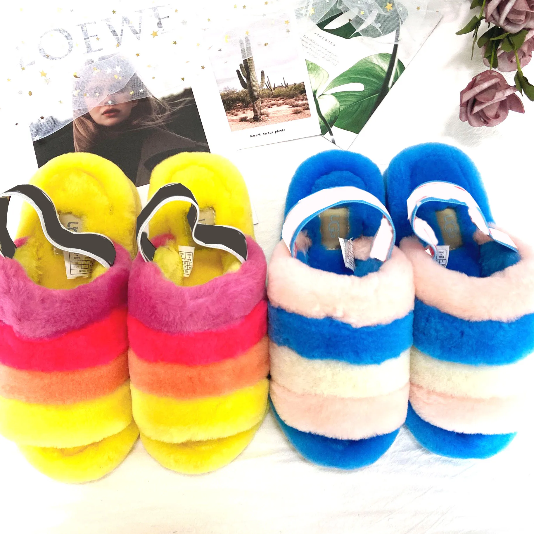 

DHL Shipping Cute Summer Furry Warm Uggh Slippers Pantoufles De Designer Uggh Fluff Yeah Plush Slippers For Women Indoor, Black yellow red blue