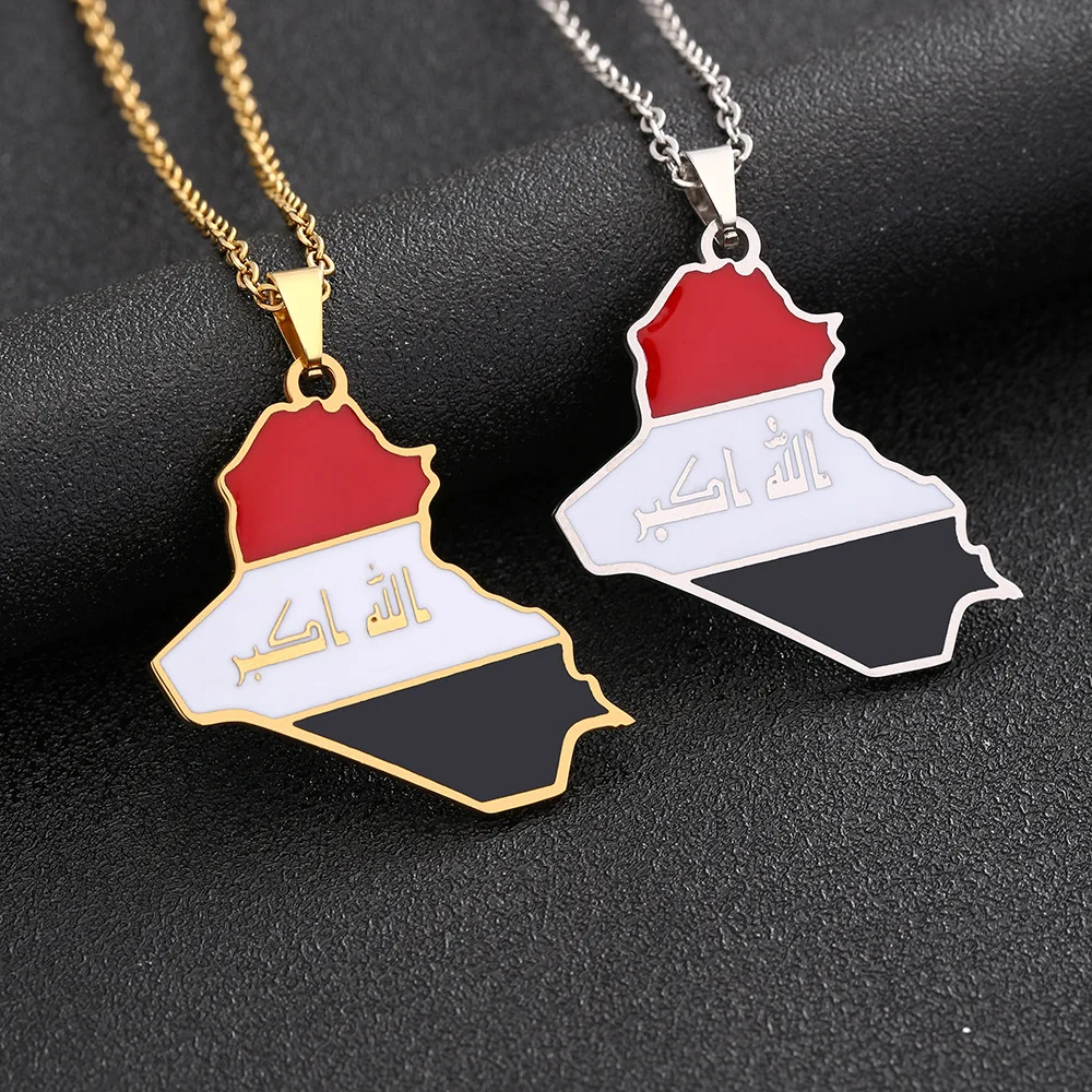 

Enameled Iraq Map Chain Necklaces Stainless Steel 18K Gold Plated Enamel Iraq National Flag Map Pendant Necklace
