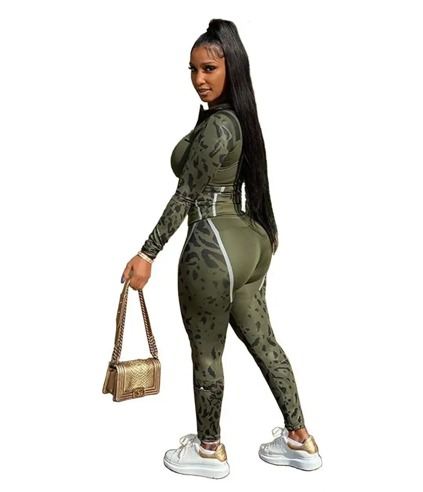 

Women Tracksuits Fitness Sports Two Pieces Set Outfits Top Leggings Striped Patchwork Camouflage Clothing 2 Pcs