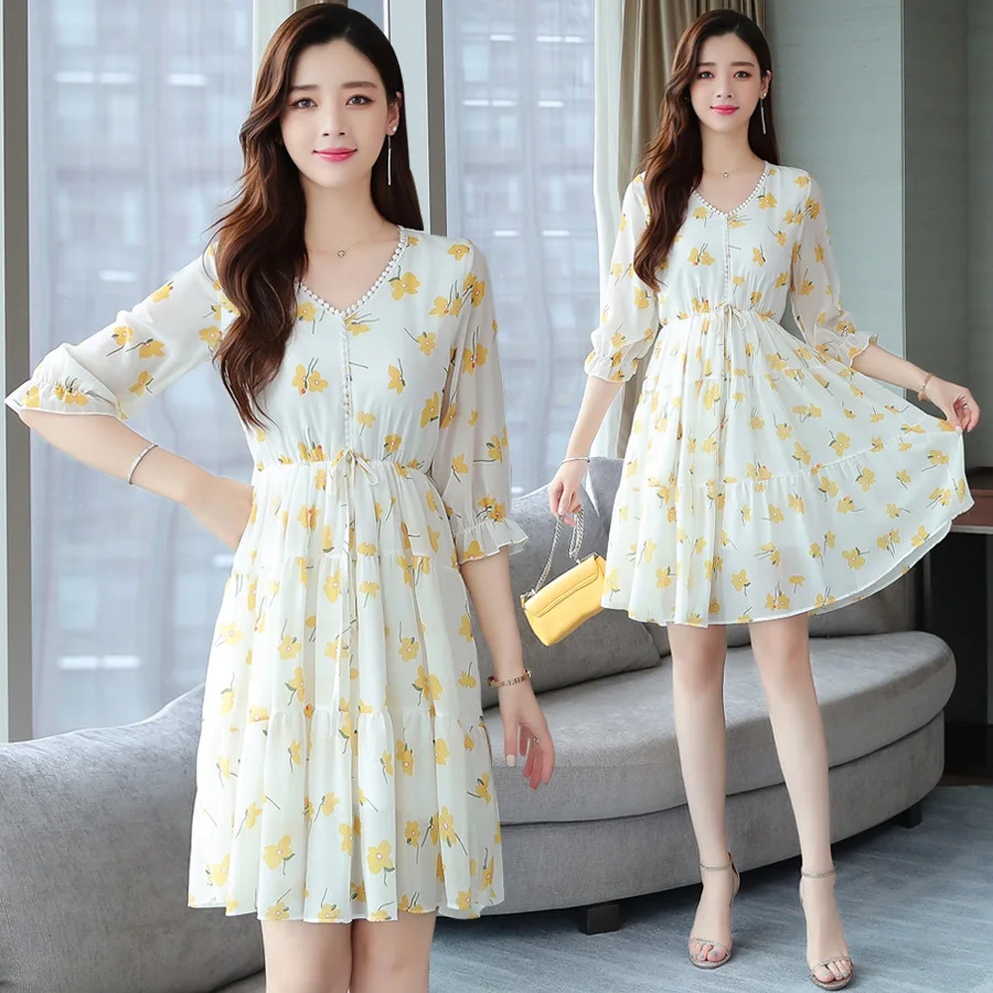 

Ladies clothes v-neck half sleeve chiffon floral dresses women casual, Yellow