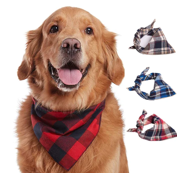 Goodluckpet 3PCS Triangle Bibs Reversible Plaid Printing Dog Kerchief Set Dog Bandanas