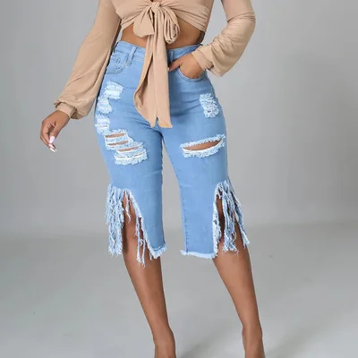 

Women Jeans Hole Ripped Tassle Low Waist Elastic Flare Knee Length Denim Pants Sexy Fashion High Street Trousers 2021 Coldker, Picture