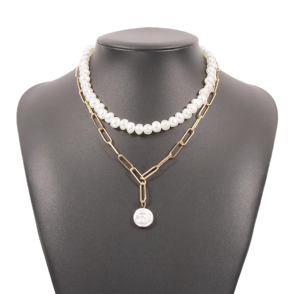 

Simple personality charm women's gold-plated jewelry pearl necklace pendant double clavicle chain, Gold color