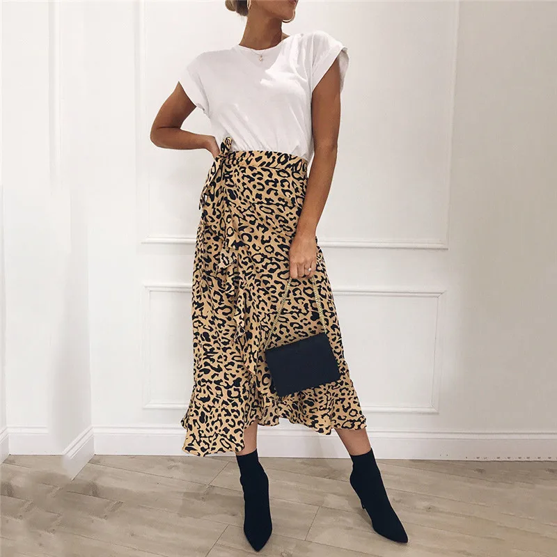 

Hot Summer Sexy Women Lace Up Skirts Fashion High Waist Ruffles Loose Slim Long Wrap Skirt Ladies Leopard Beach Clothing Female