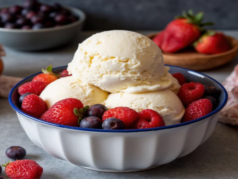 Homemade no-churn ice cream scooped into vintage bowl with berries