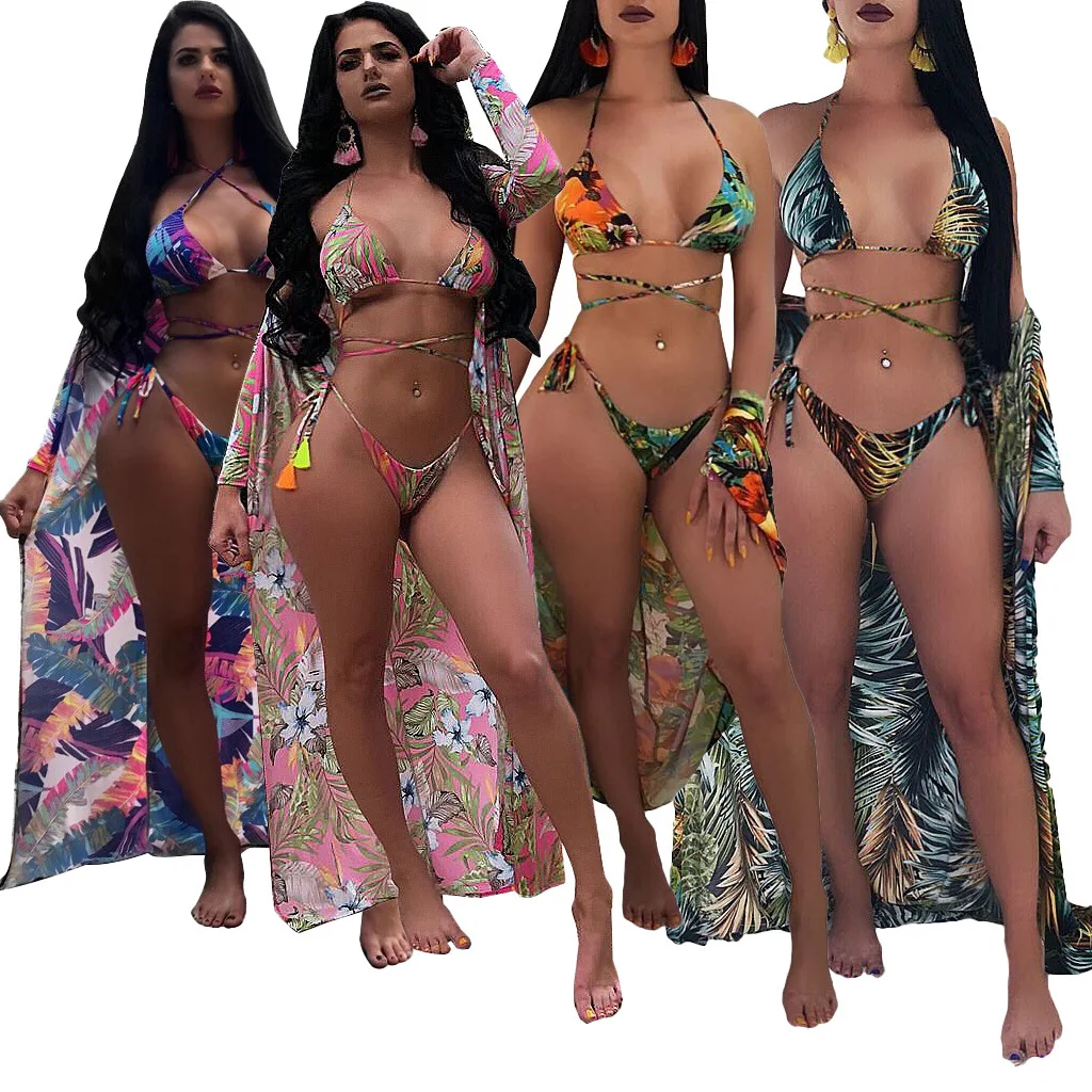 

Women Low Waist 3Pcs Swim Suit Padded Bikini Set Swimsuit+Swimwear Cover-Ups Beach Dress Floral Printed Beachwear Suit, Can be customized