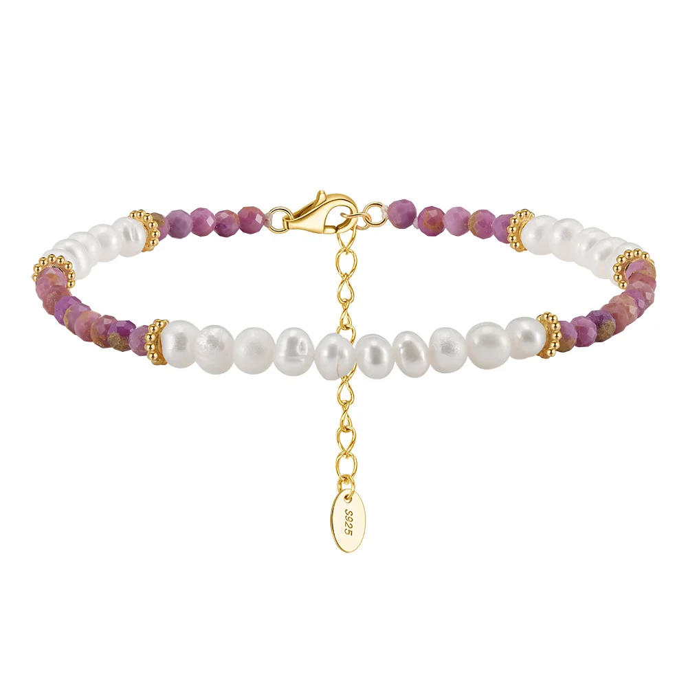 MPB02 RINNTIN 14K Gold Chain Bracelet Minimalist Adjustable Pearl Lucky Purple Mica Link Bracelet  for Women