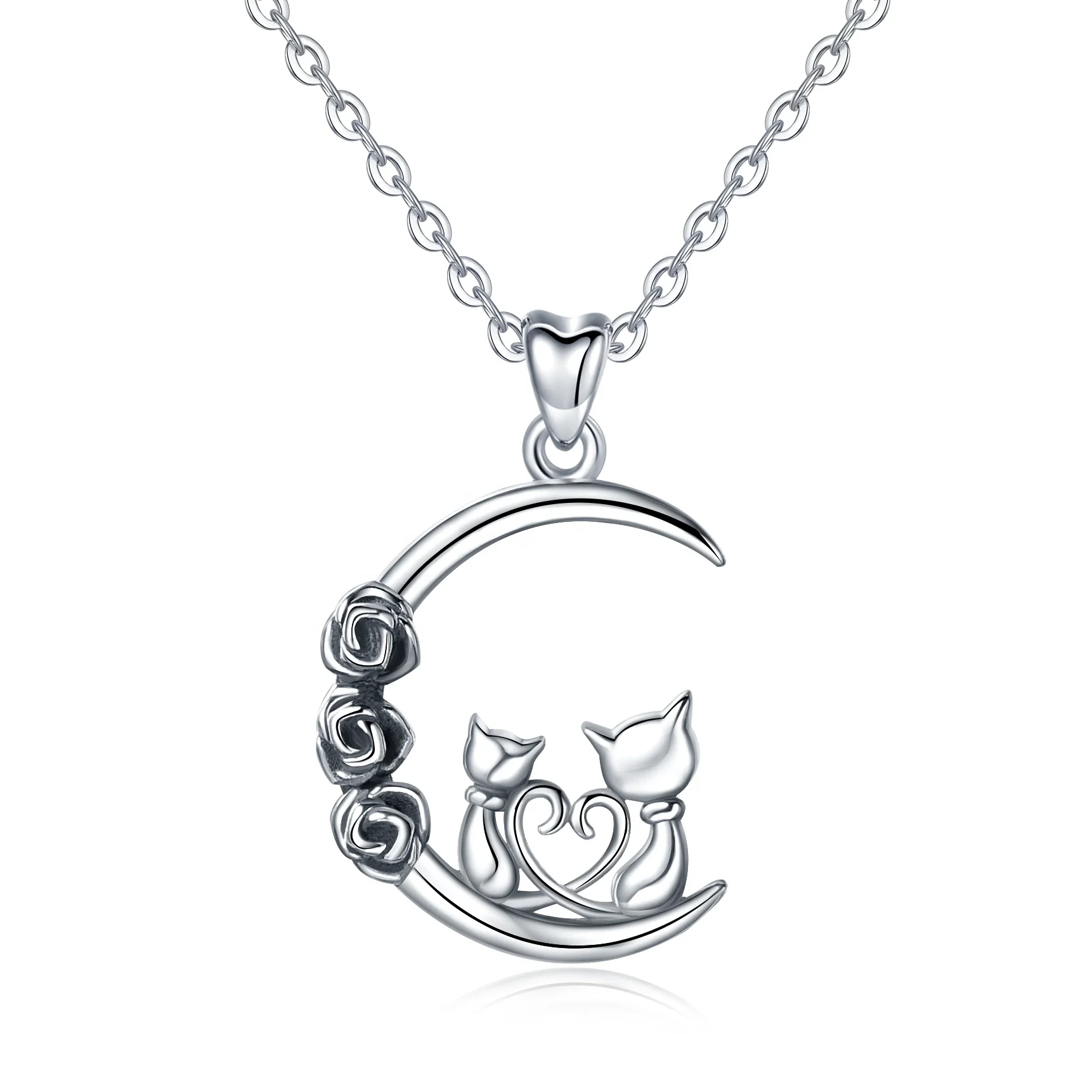 

Merryshine Jewelry 925 Sterling Silver Two Cute Cat and Moon Necklace for Couple