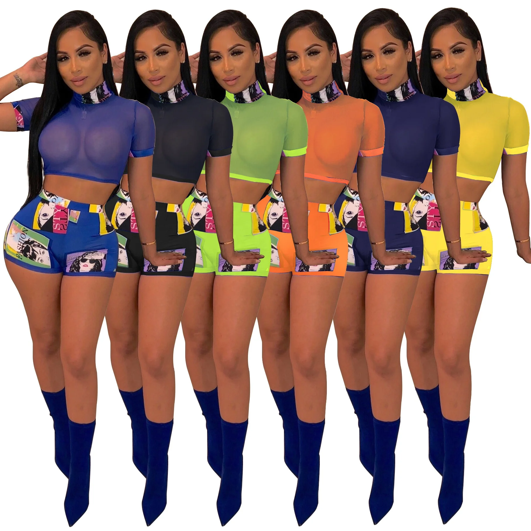 

Fashion Cartoon Print Women Two Piece Set Sexy Summer See Through Long Sleeve Short Pant Sets, Picture color