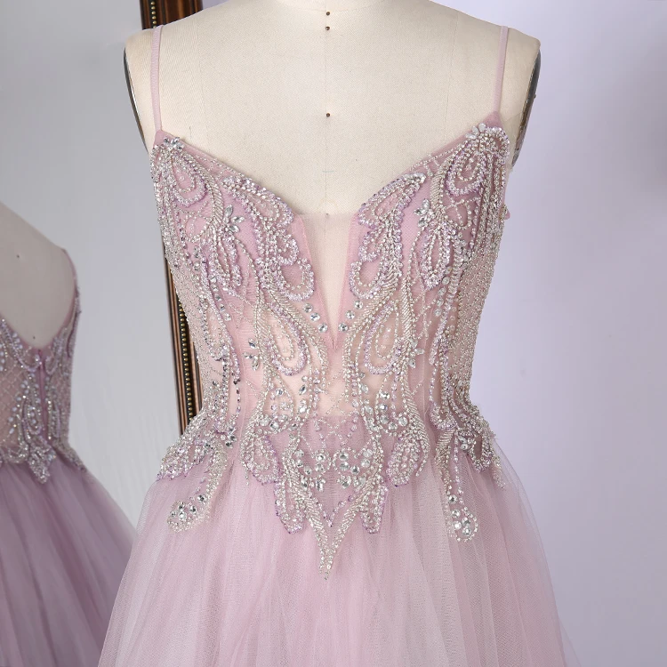 Fancy tulle beading spaghetti strap sweep train pink elegant long special occasion prom dresses .JPG