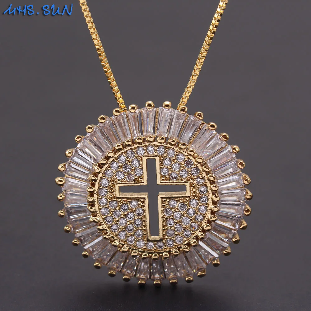 

MHS.SUN Religious Cross Round Pendant Chain Necklace Fashion Women/Girls 3A Zircon Necklace Vintage 18K Gold Plated Jewelry Gift