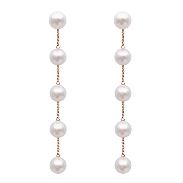 

925 Silver Needle Women Earrings Long Simple Chain Pearl Earrings, Gold
