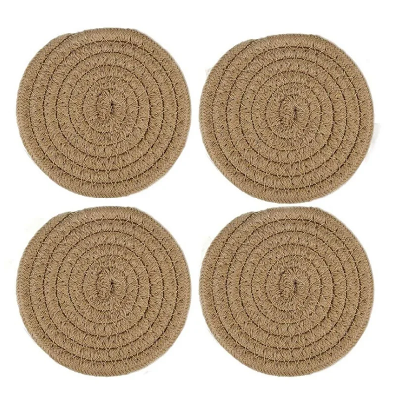 

Round Cotton Rope Placemat Table Mats Non Slip Disc Bowl Pads Drink Coasters Insulation Pad Pot Holder Kitchen Decor, White, brown, gray, dark gray, eight-strand white gray, coaster rack