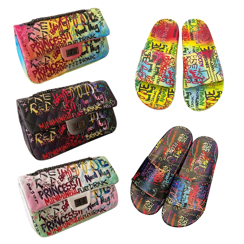 

purse and shoe sets 2021 new graffiti shoes matching sandals slides bags and slippers purses and handbags
