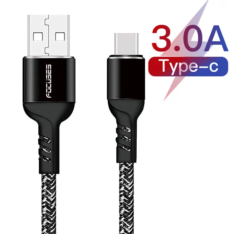 

1M 2M New Durable Nylon Braided Black Fabric Jacket Android Phone USB Data Fast Charging Data Cable Type C Cable, Grey-black