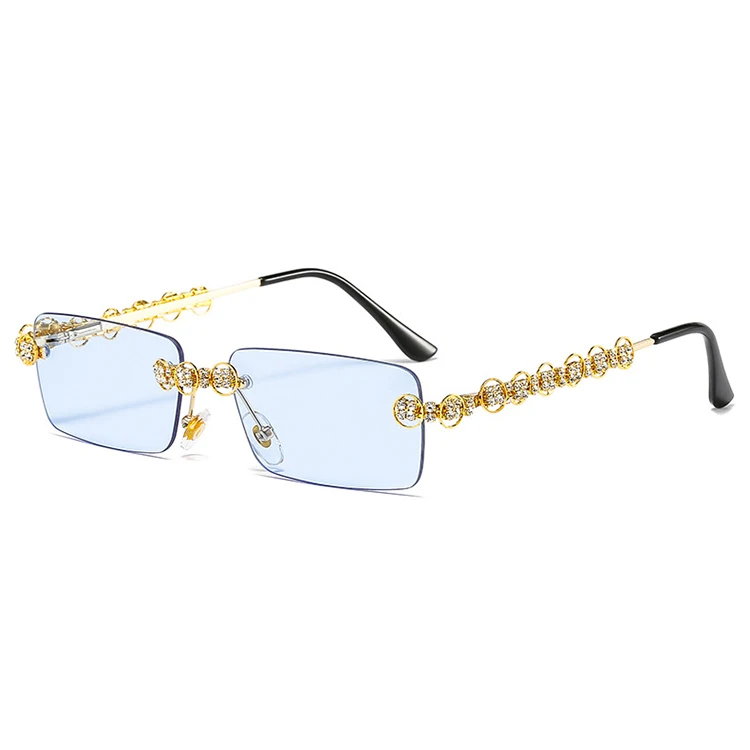 

New Trendy Small Size Rectangle Frameless Rhinestone Sun Glasses Hot Sale Women Rimless Ocean Lens Metal Sunglasses, Yellow;blue;pink;clear;blue pink;purple