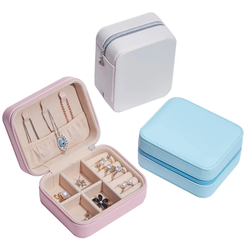 
Custom Small Lady Pu Leather Simple Earring Ring Necklace Storage Jewelry Packaging Box Case Travel Jewellery Organizer 