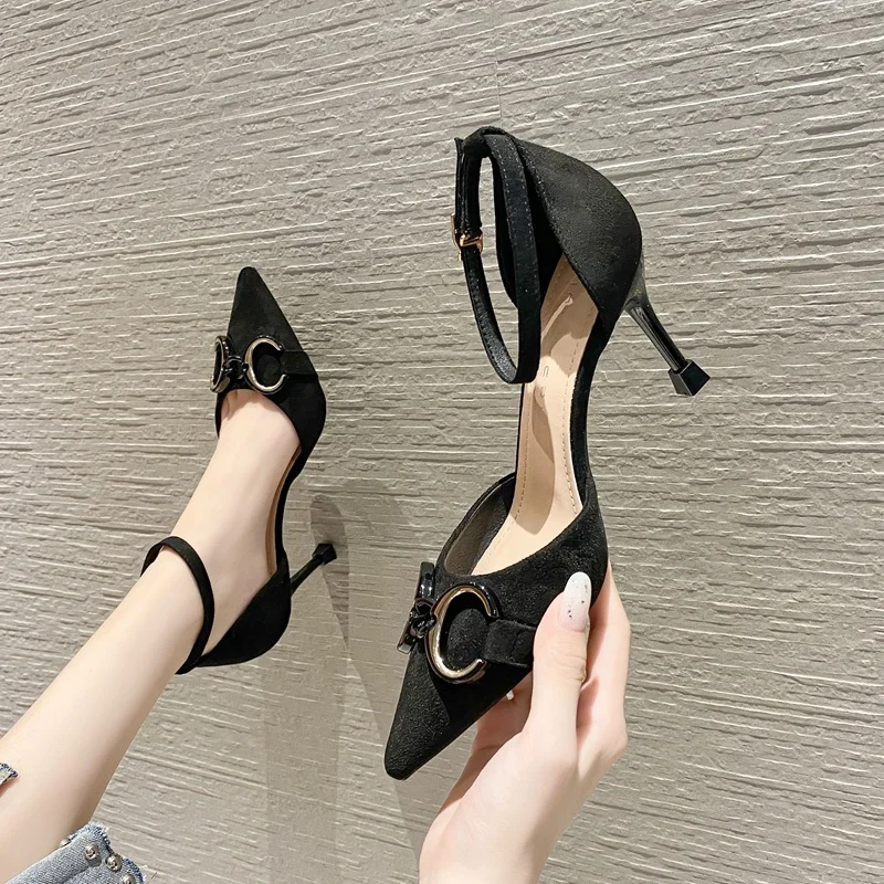 

New product pointed horsebit 8CM high-heeled women's shoes shallow mouth hollow word belt single shoes suede synthetic leather, Black and apricot