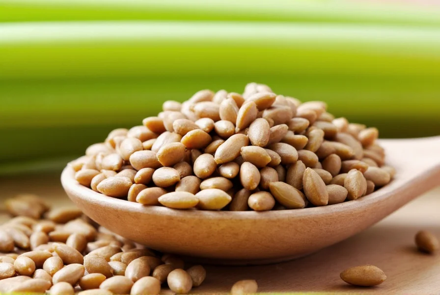 Close-up view of celery seeds showing their small, brown, oval shape on a wooden spoon with fresh celery stalks in background