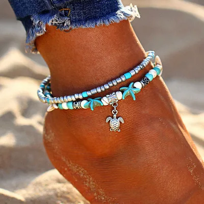 

Hot Blue Starfish Turtle Anklet Multilayer Charm Beads Sea Handmade Boho Anklet Foot Jewelry for Women