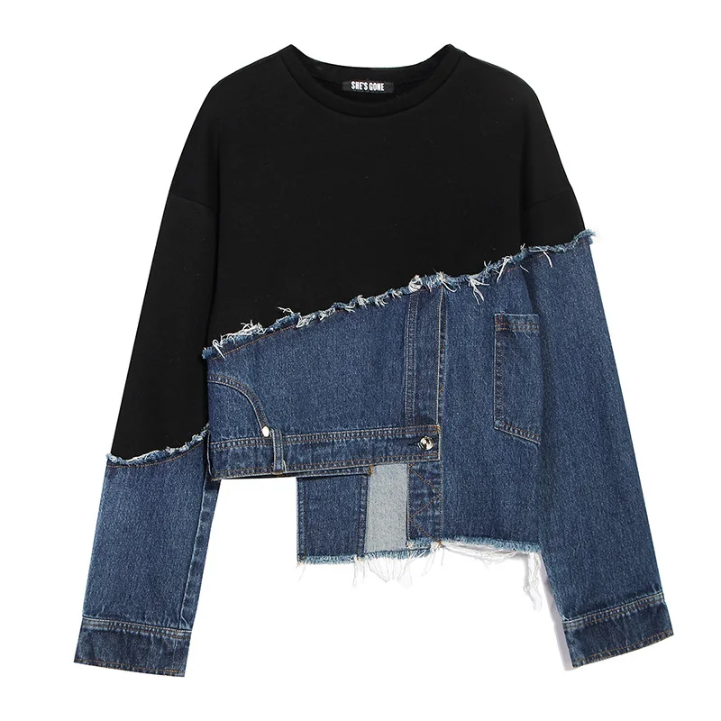 

Denim Irregular Splicing Long Sleeve Pocket Crew Neck Women Pullover Sweatshirt, Black