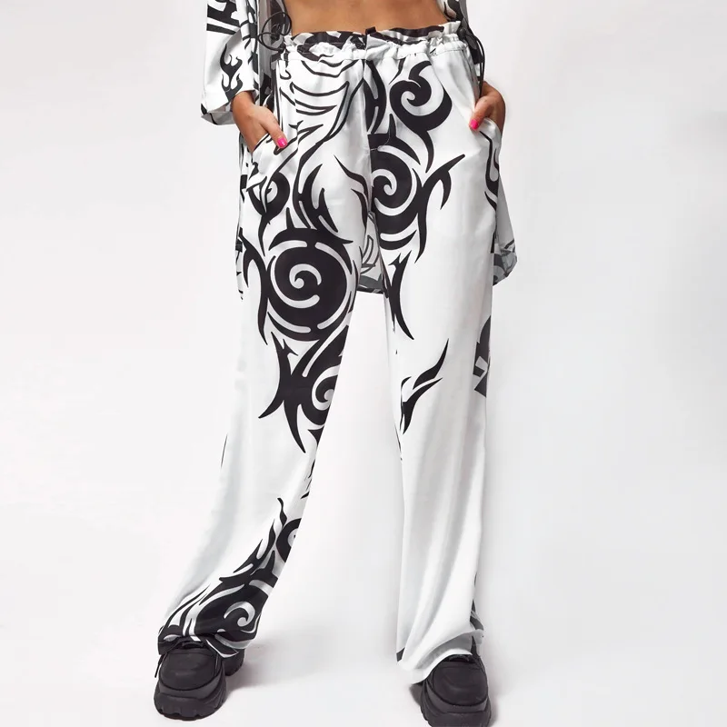 

European Style Casual Flare Pants 2020 Fall New Fashion Woman Clothing Printed Long Trousers Loose Jogger Women Sweat Pants, White