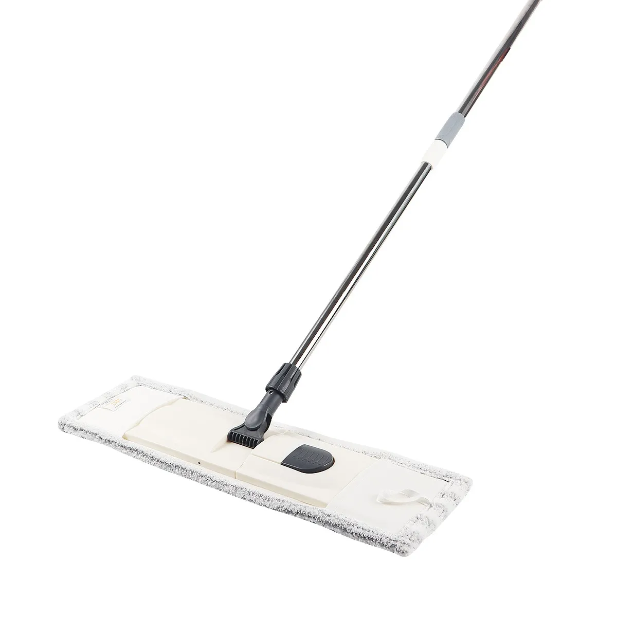 Flat microfiber dry mop with a white frame, black swivel joint and telescopic stainless steel handle
