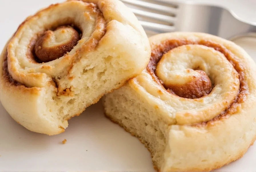 Finished yeast-free cinnamon rolls with glossy icing on rustic wooden platter