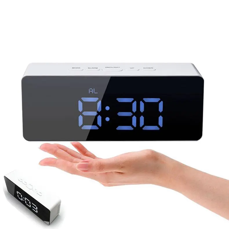 

led Mirror USB Charging digital alarm clock, White
