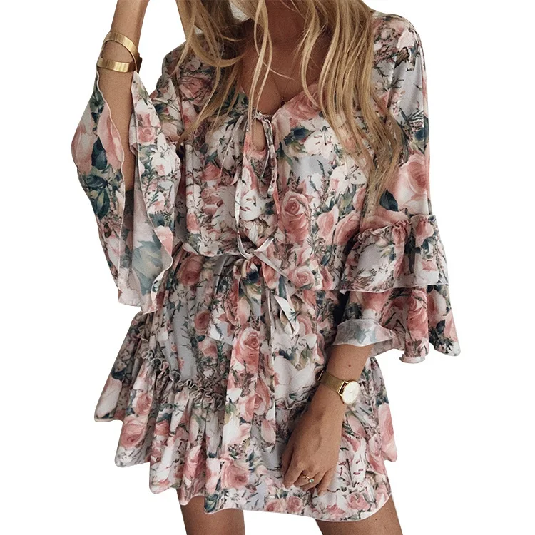 

Womens Clothing 2021 Summer Flower Mini Dress Exquisite Charming Bohemian Floral Dress Chiffon Ruffle Women's Loose Dress