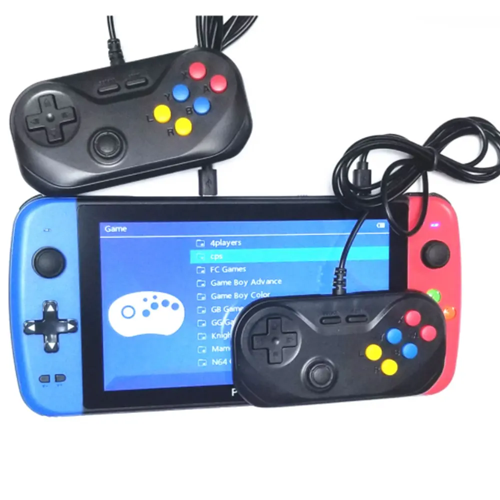

PS7000/Q900 7 inch Handheld Portable Game Console with 2 gamepads 64/128GB 5000 free games 100 ps1 games for MAME/CPS/SegaMD, Black bluered