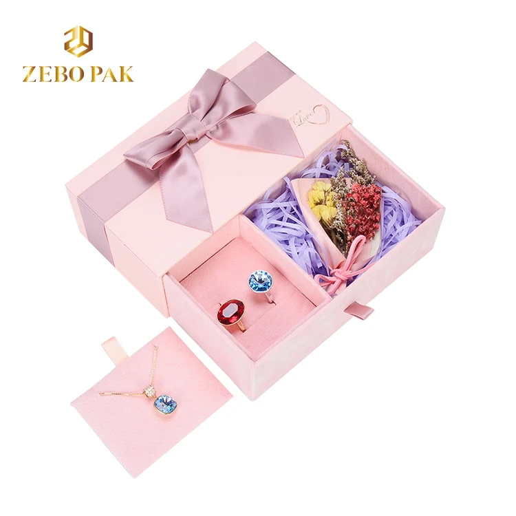 

Wholesale pink bow drawer box jewellery jewelry gift package box with paper bag, Cymk or pantone