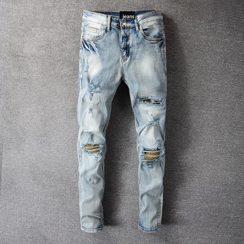 

674-High Quality Stretch Brand Jeans Amiry slim Men's Jeans Elastic patch pants Amirys jeans male skinny high street