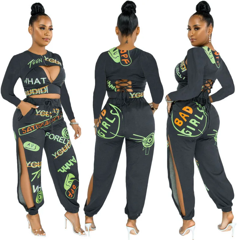 

2021 new autumn trendy long sleeve hollow out Letter Print Sweat crop Top And Pant casual Ladies Two Piece Set Women