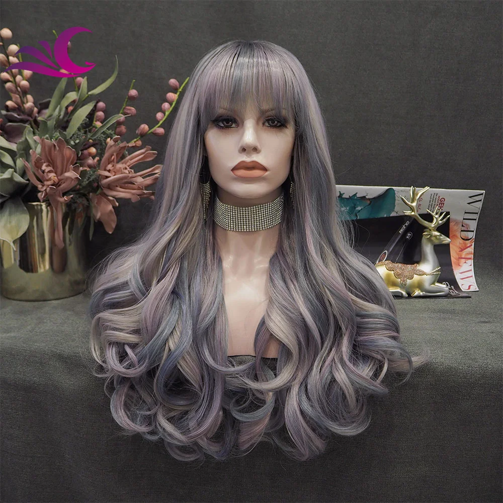 

Celebrity Ash Purple Low Light Colorful Machine Made No Lace Wigs Futura Fiber Heat Resistant Synthetic Wigs