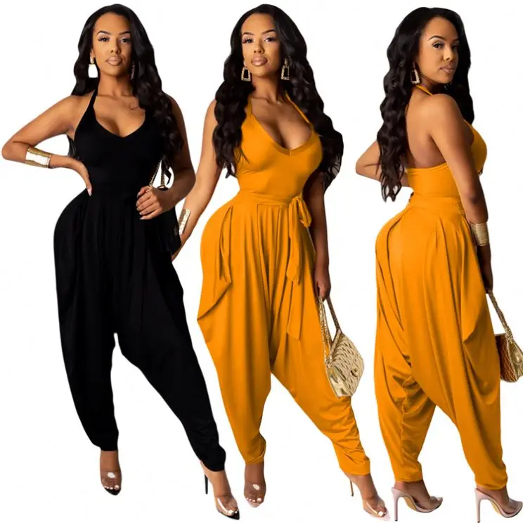 10AF399 autumn halter bat harem pants pure color Casual Trendy Women Jumpsuits And Rompers