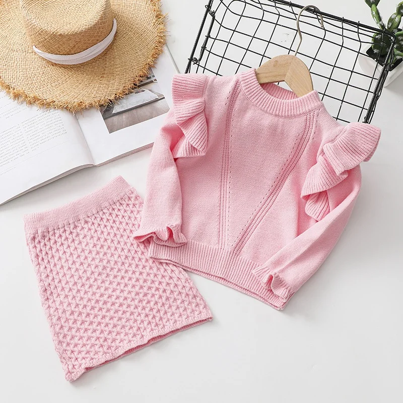 

B53581A Autumn winter children's wear little girls sweet ruffled knit skirt set, Pink/white