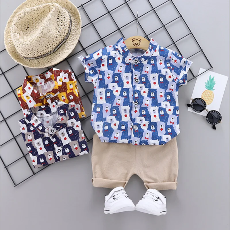 

Little Gentleman 2021 Summer New Design Baby Boys Clothing Set 2pcs Printing Bear Suit Clothing, Light blue / yellow / navy