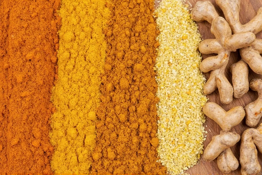 Close-up comparison of turmeric spice and common substitutes including curry powder, saffron, and ginger on wooden background