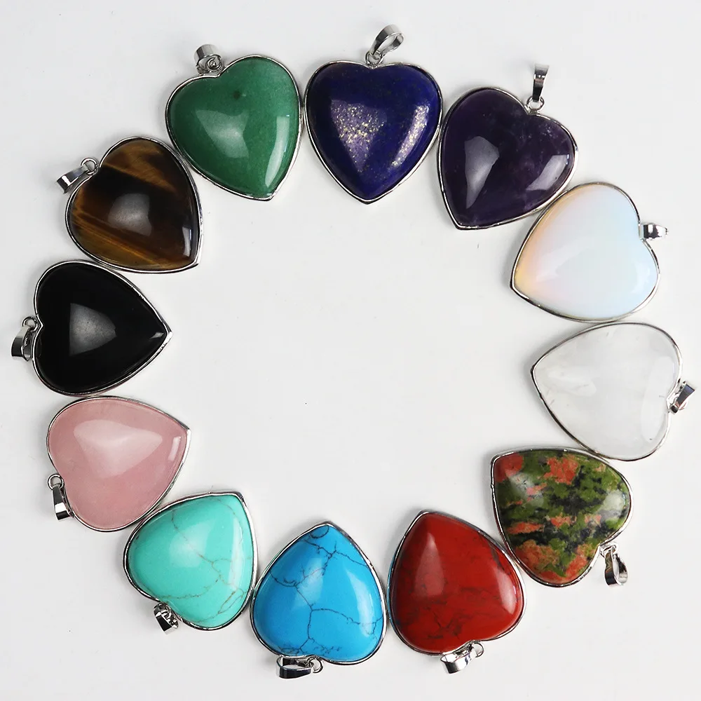 

32MM Charms Healing Rose Quartz Crystal Turquoise Gemstone Natural Stone Heart Pendant for DIY Necklace Making