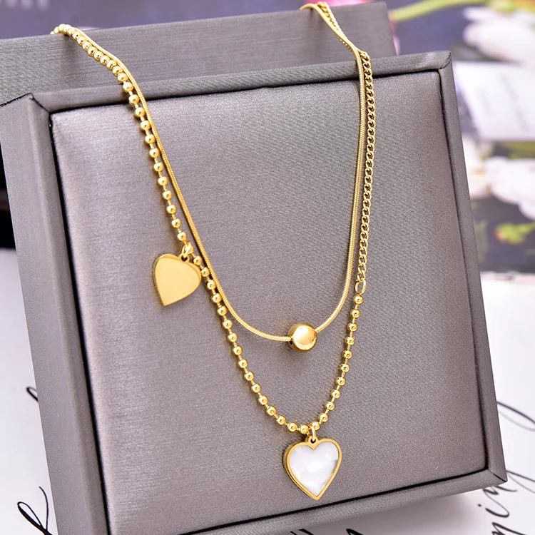 

Waterproof Non Tarnish Fashion Stainless Steel Jewelry 18K Gold Plated Snake Chain Bead Double-Layered Love Heart Necklaces