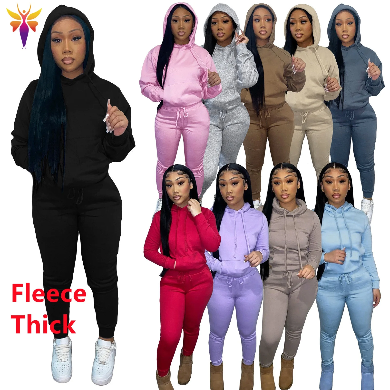 

Women Winter clothing fall set woman long sleeve pullover sweatshirt drawstring jogger sweatsuit sweatpants and hoodie set, Picture color