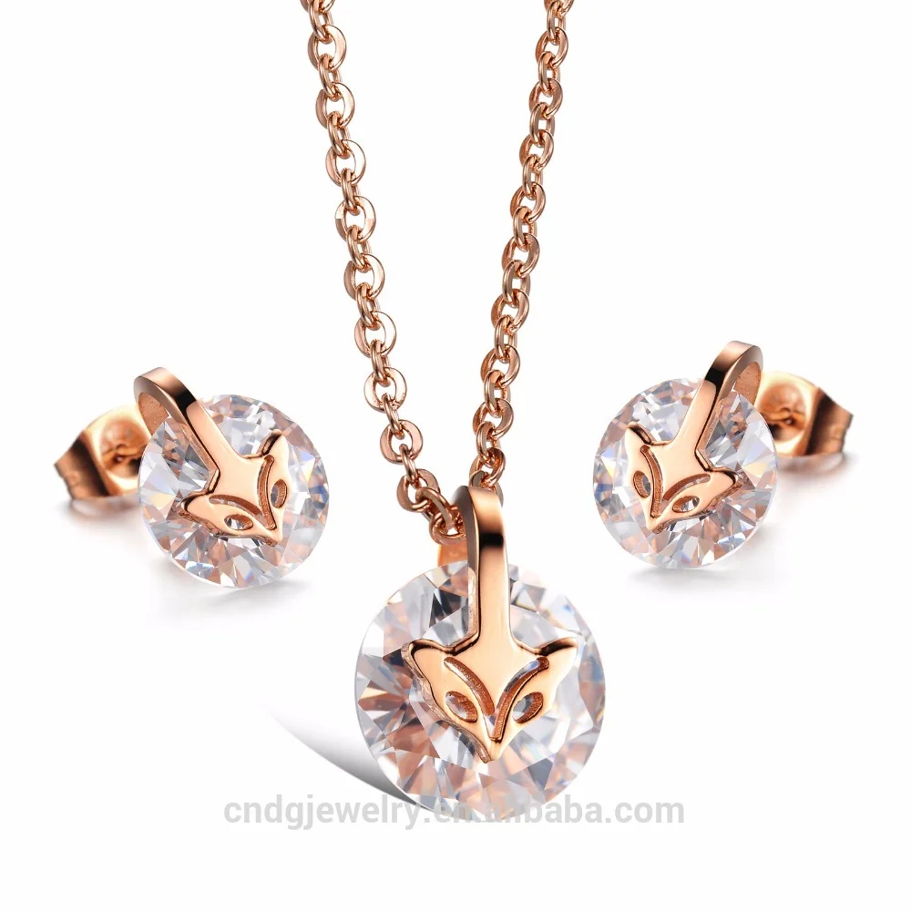

Titanium Steel Wholesale Rose Gold Unicom Animal fox Necklace Earring Sets