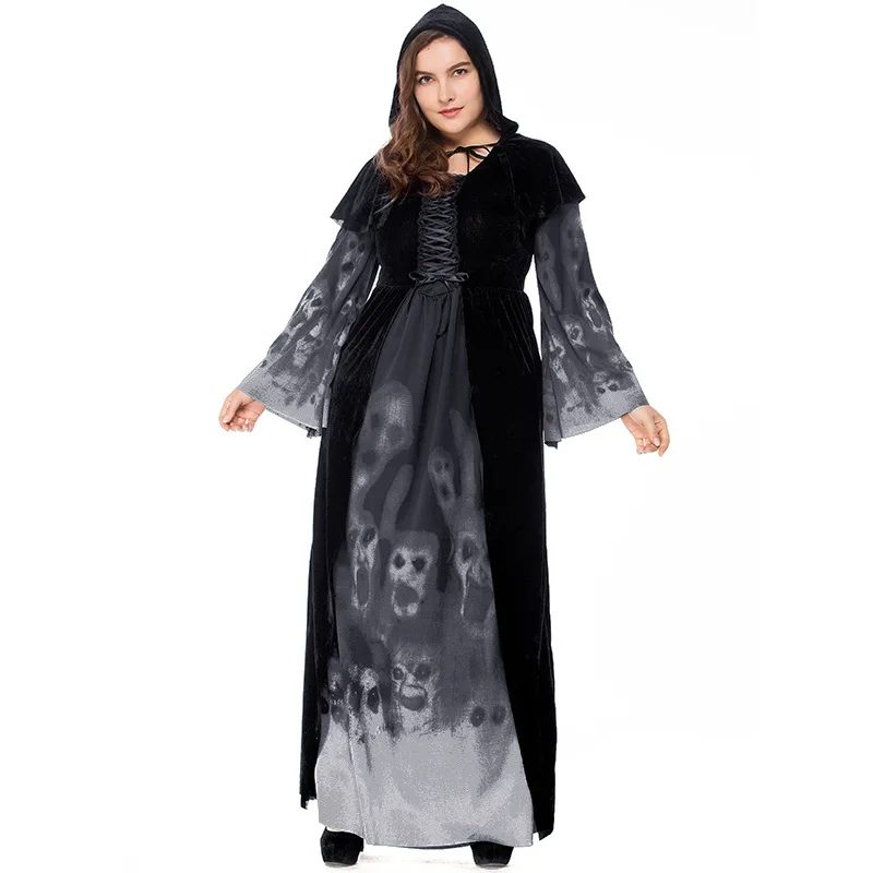 

Halloween Women's Plus Size Costume Skeleton Printing Black Long Dress Cosplay Retro Plus Long Dress