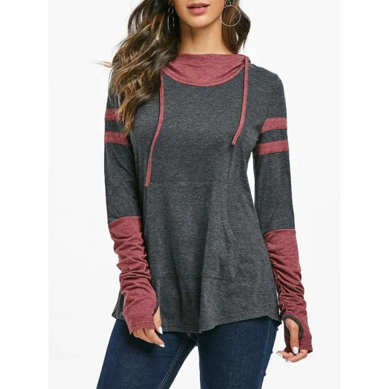 

Hooded Kangaroo Pocket Ruched Contrast Heathered T-shirt
