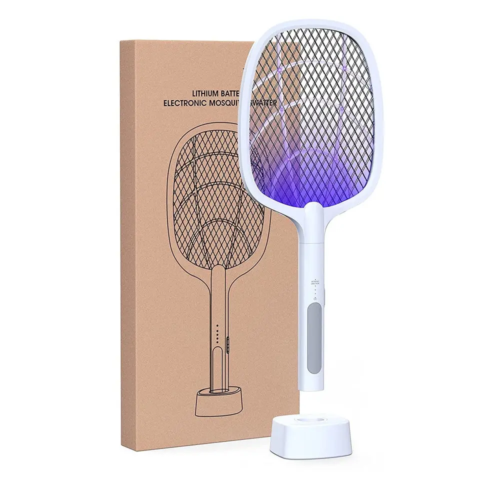 

Fly Swatter Handheld Indoor Outdoor Electric Mosquito Swatter 2 in 1 Powerful 3000v Grid Rechargeable Bug Zapper Racket, White