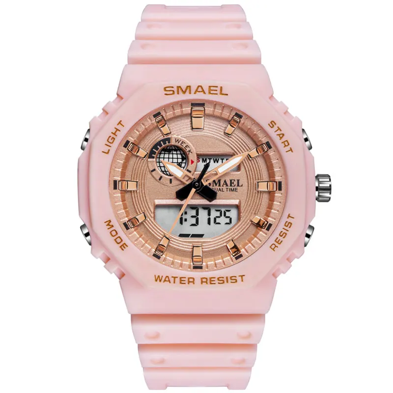 

Smael new model plastic 8037 double display ladies sport wrist analog watch, 5 colors