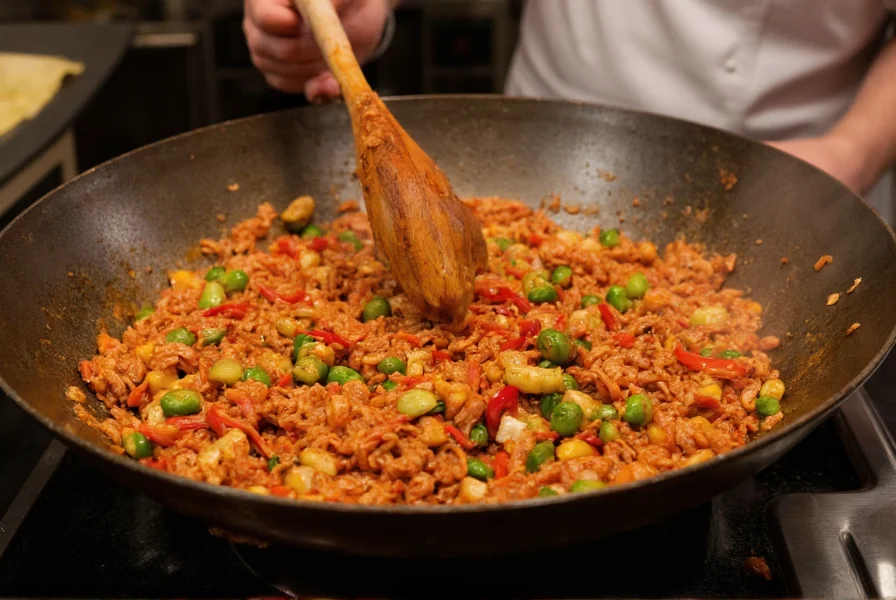 Chef's hand stirring red chili paste into sizzling wok with vegetables